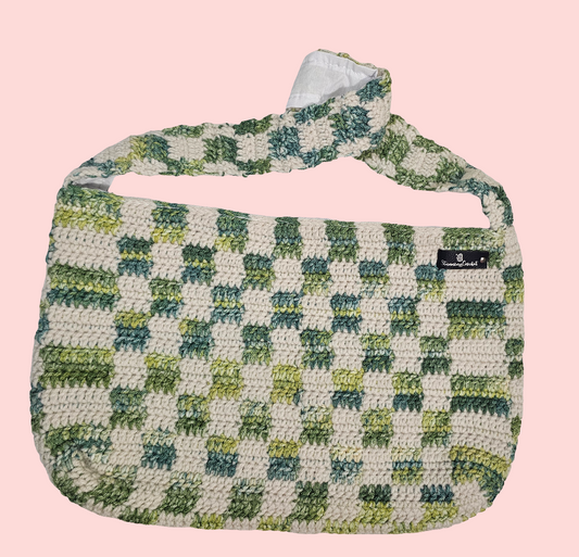 Green and white checkered bag