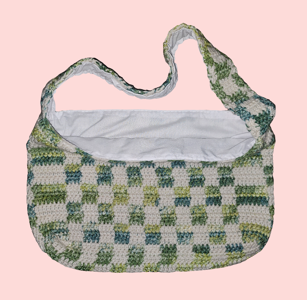 Green and white checkered bag